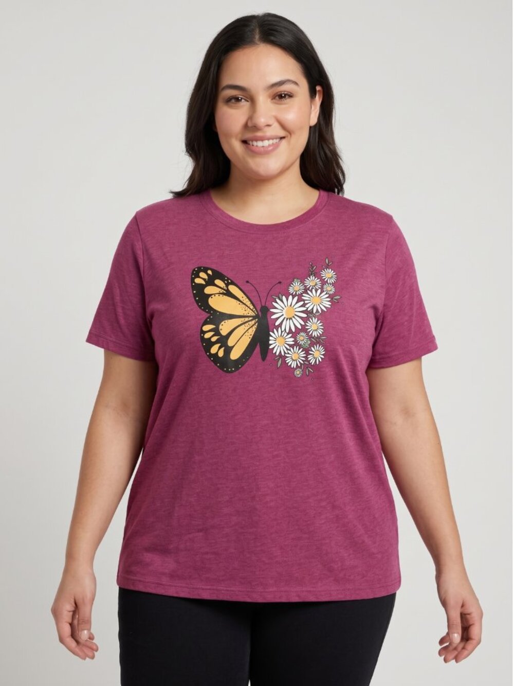 NWOT Burgundy Red Butterfly Daisy Graphic T-Shirt Casual Short Sleeve Tee XL